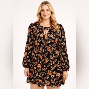 Billabong Hearts Desire Floral Boho Mini Dress Large Black Orange Long Sleeve